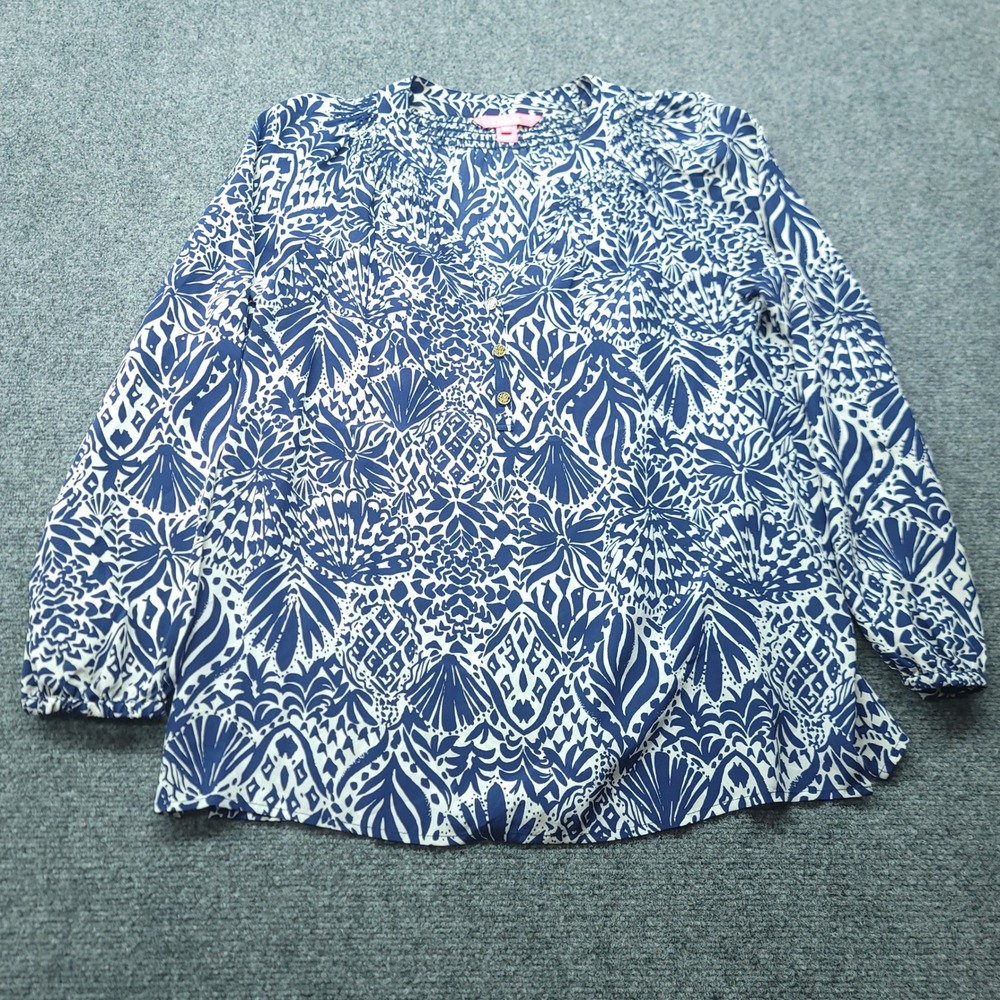 Lilly Pulitzer Elsa Silk Blouse Blue White Seashell Tropical Print Top 000657 M